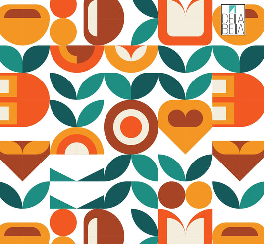 A patterned vintage vinyl wrapping featuring geometric shapes in various colors on a white background, designed for use on furniture or for upcycling projects.