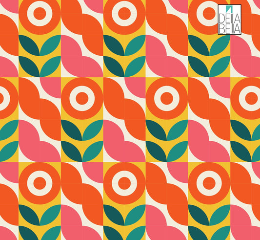 A colorful vinyl wrap featuring geometric patterns with flowers and abstract shapes in orange, pink, green, and yellow tones.