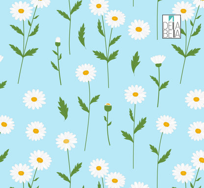 A vinyl wrap featuring a pattern of daisy flowers in blue and white colors on a light background.