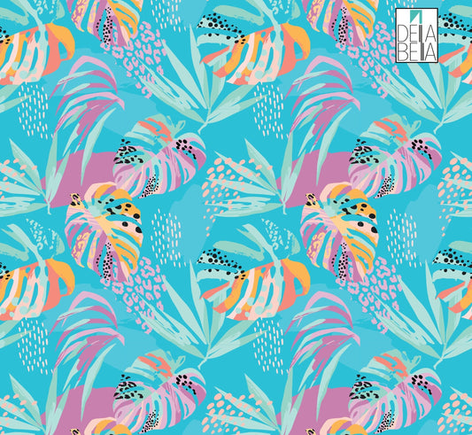 A vibrant, tropical patterned vinyl wrapping for furniture displayed on a blue background.