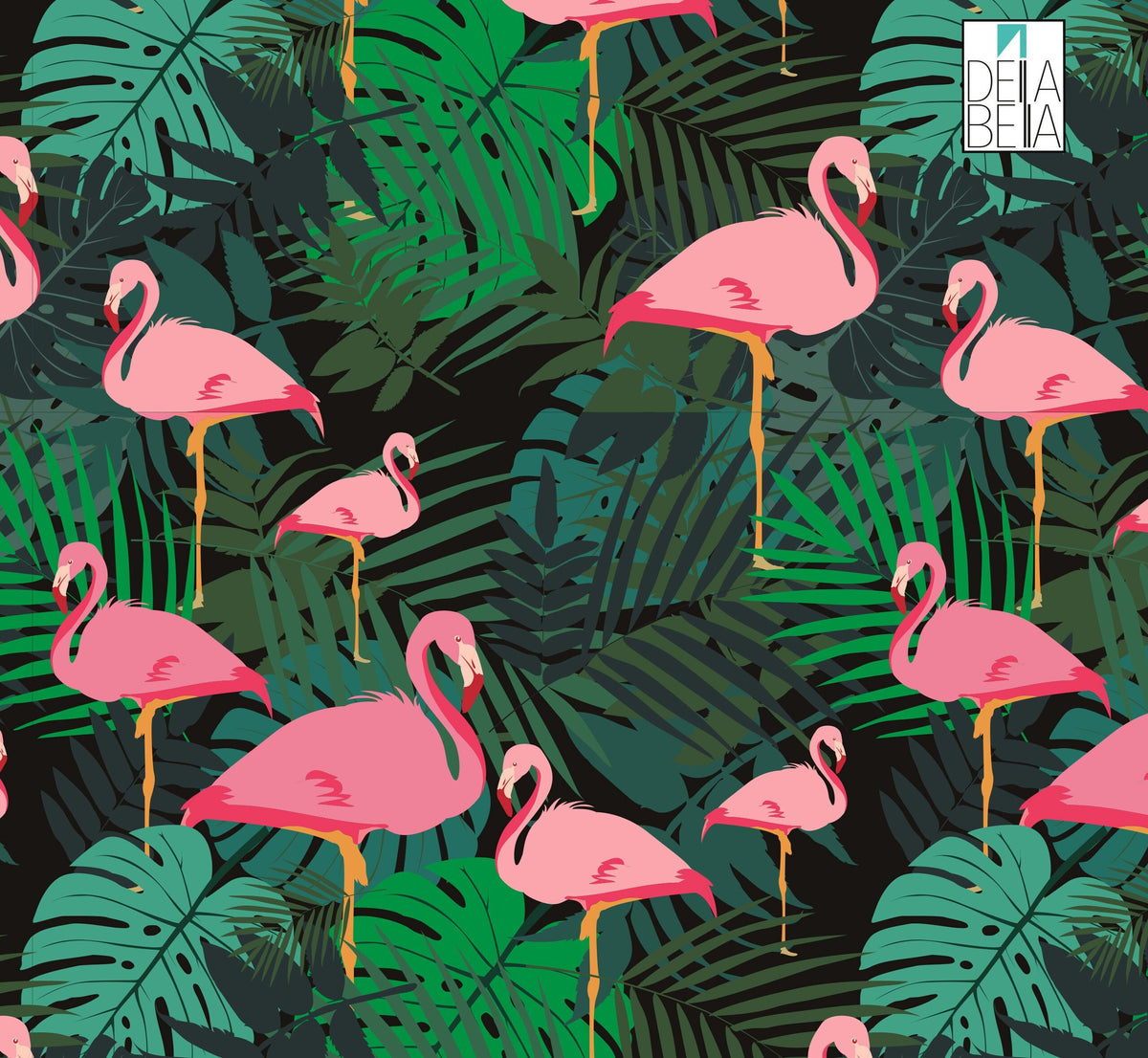 A vinyl wrap featuring a pattern with pink flamingos and green foliage.