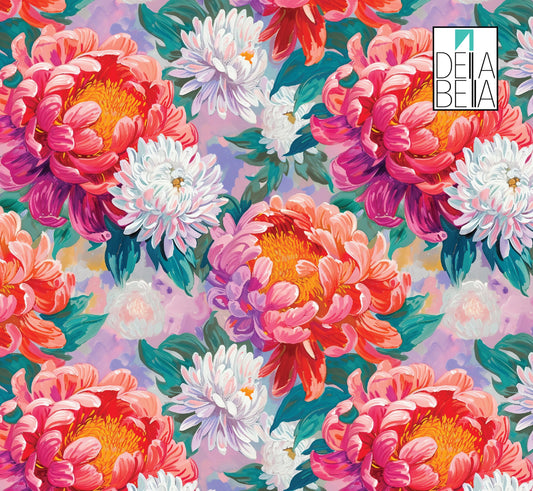 A vinyl wrap featuring a bohemian floral pattern with prominent peony flowers in vibrant colors on a furniture piece.