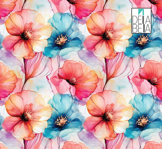 A vinyl wrap featuring a floral pattern with vibrant colors such as blue, pink, and red on a white background, with the brand logo 'DELLA BEA' visible.
