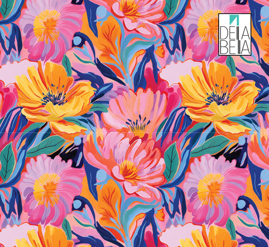 A colorful vinyl wrapping featuring a floral pattern with vibrant flowers on a furniture piece.