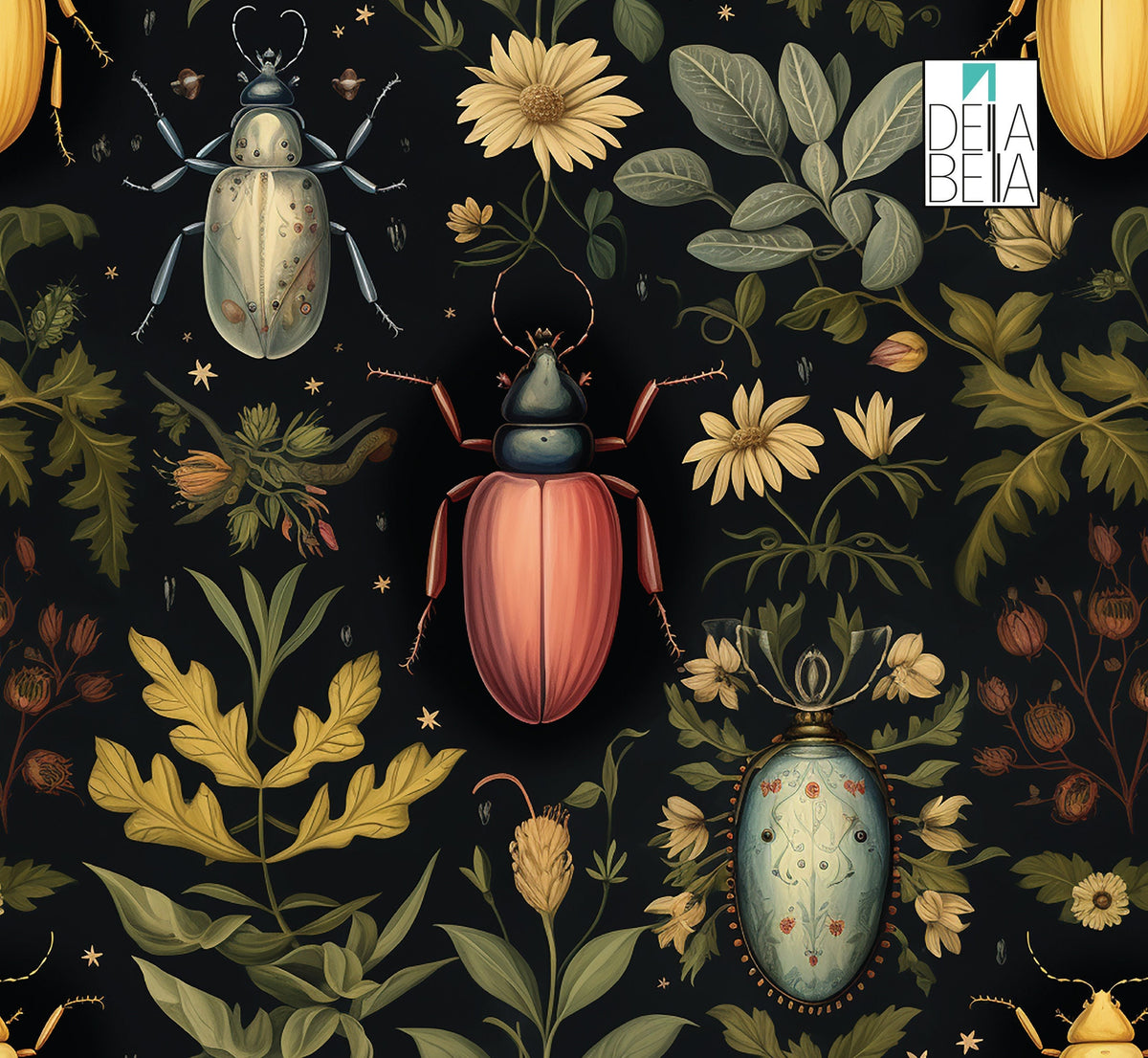 A self-adhesive vinyl sheet with a maximalist design featuring various colorful beetles among flowers and foliage on a black background.