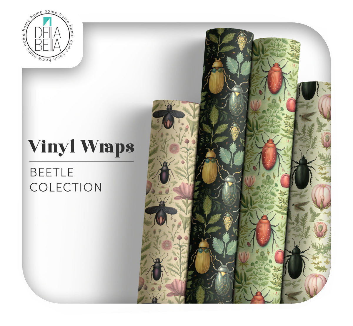 A collection of vinyl wraps featuring various beetle designs and patterns, intended for use on furniture.