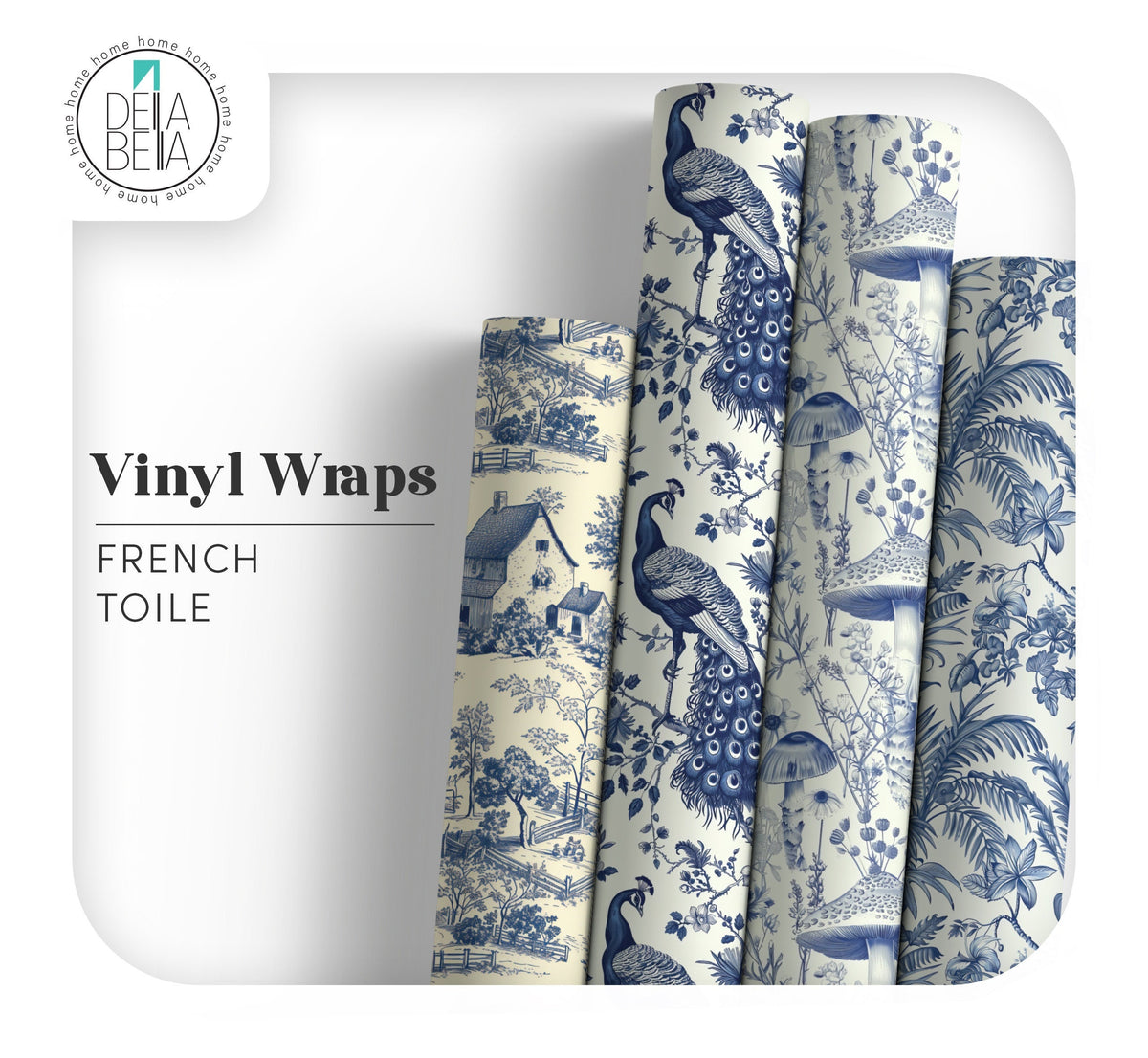 Rolls of vinyl wrapping with a blue and white French toile pattern, displayed on a white background.