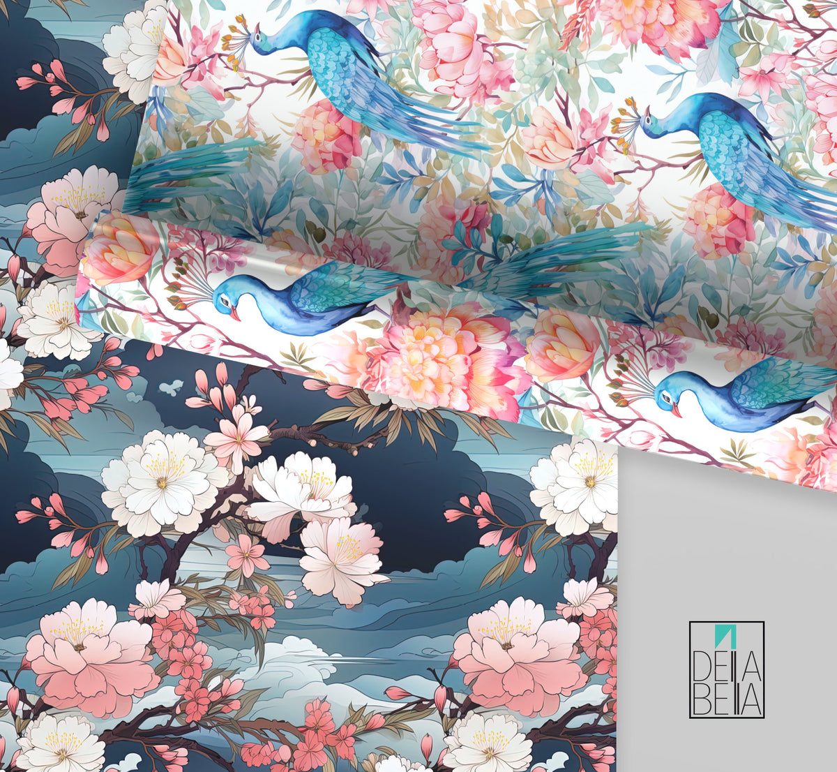 A vinyl wrap featuring a floral pattern with blue birds on a furniture piece, with a small part of the wrap showing a close-up of the design.
