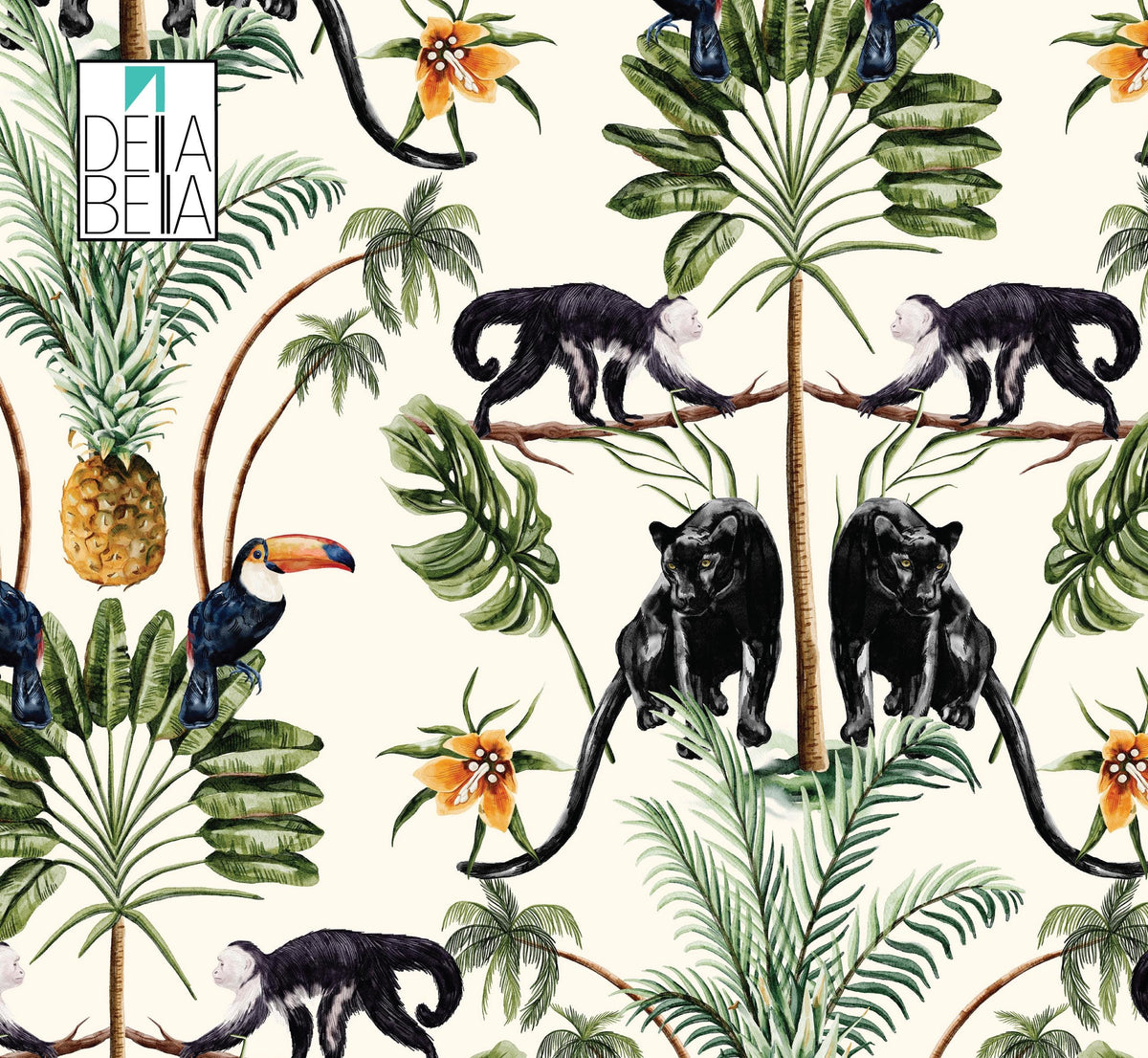 A vinyl furniture wrap featuring a pattern with monkeys, palm trees, and tropical elements, in a peel and stick format.