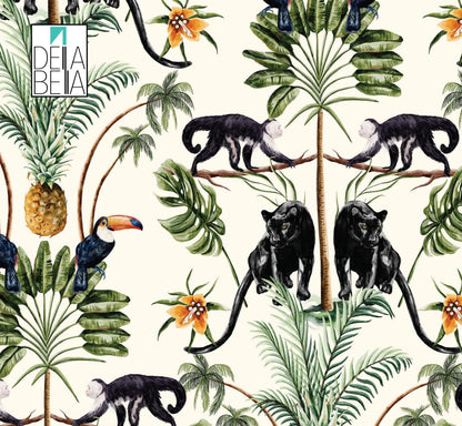 A vinyl furniture wrap featuring a pattern with monkeys, palm trees, and tropical elements, in a peel and stick format.