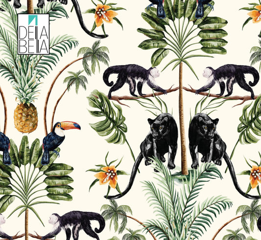 A vinyl furniture wrap featuring a pattern with monkeys, palm trees, and tropical elements, in a peel and stick format.