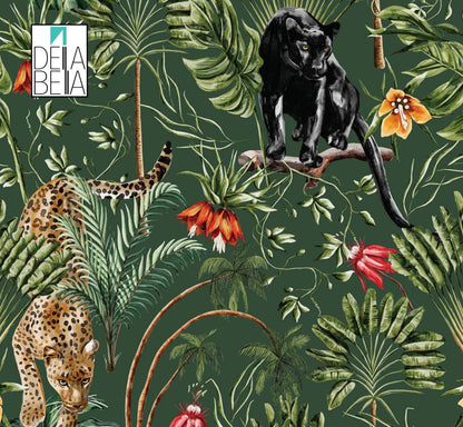 A vinyl wrapping featuring a pattern with leopard and tiger illustrations surrounded by tropical foliage and flowers.