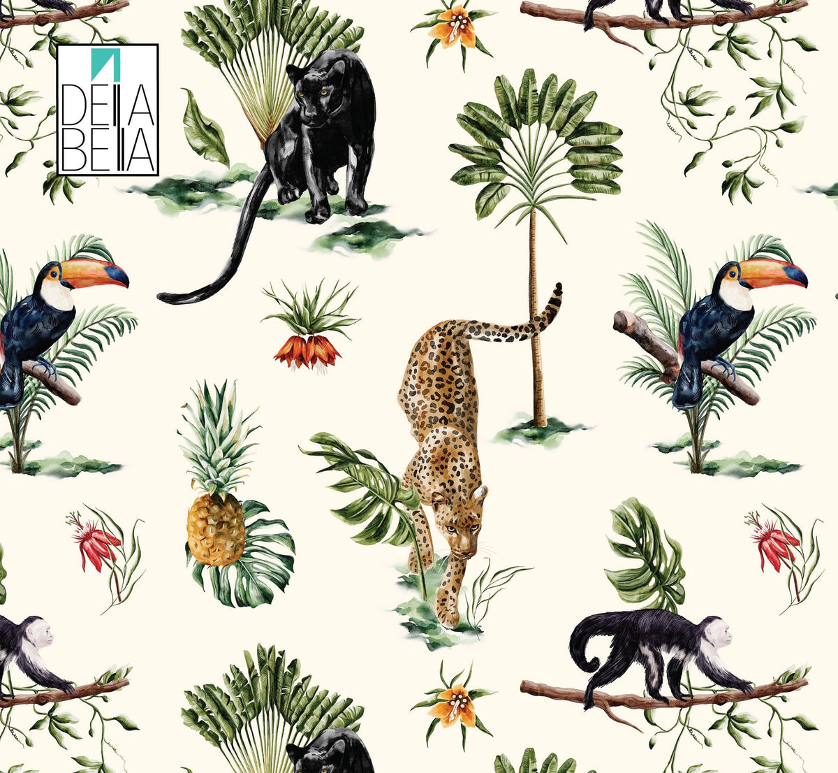 A vinyl wrapping paper with a pattern featuring a black panther, toucans, and tropical plants.