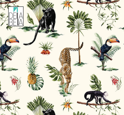 A vinyl wrapping paper with a pattern featuring a black panther, toucans, and tropical plants.