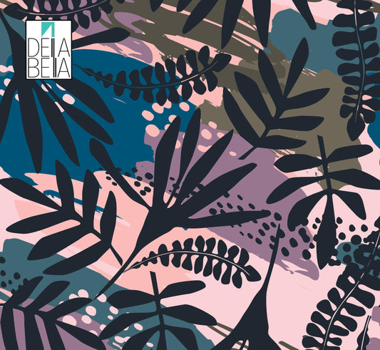 A vinyl wrapping with a floral pattern in various colors including black, blue, pink, and purple, designed for furniture upcycling.