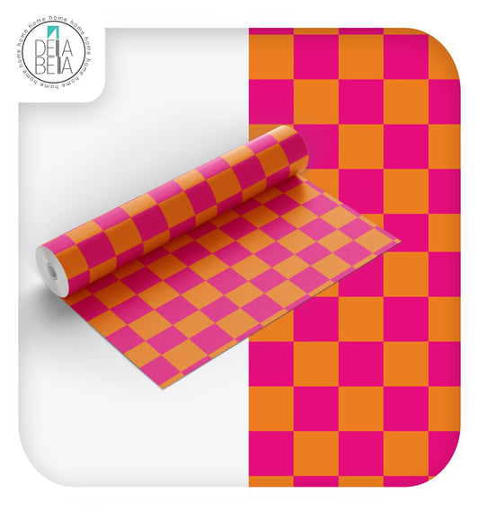 Self-Adhesive Vinyl - Pink & Orange Checkerboard Furniture Wrap Vinyl Wrap for Furniture, Kitchen Cabinets & Home Upcycling