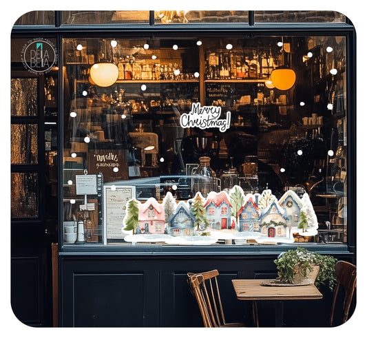 Christmas Village Window Shop Stickers Decal Christmas Watercolour Xmas Coffee shop  Kids Store Cling Seasonal  Reusable Window Stickers