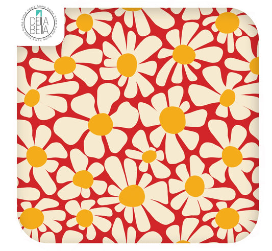 A self-adhesive vinyl wrap featuring a vintage daisy pattern with red background and yellow-white daisies, suitable for furniture upcycling and decoration.