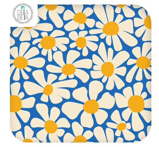 A self-adhesive vinyl with a vintage floral pattern, predominantly blue with yellow daisies, intended for furniture wrapping.