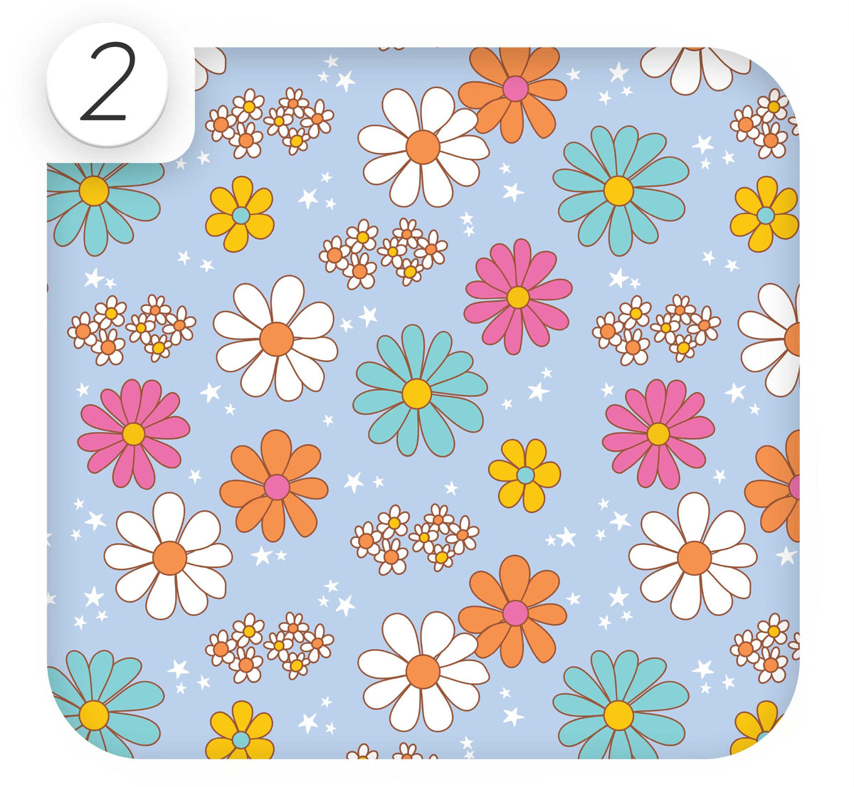 Close up of blue retro floral sticky back plastic featuring vintage daisies.