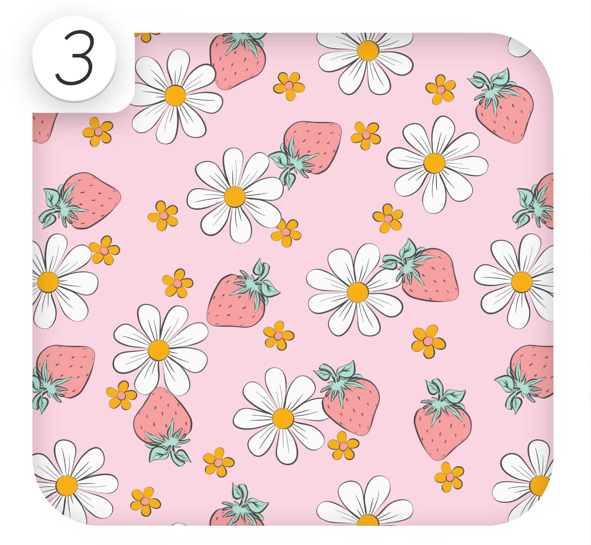 Close up of pink funky floral and strawberry patterned vinyl wrap for kitchen cabinets.