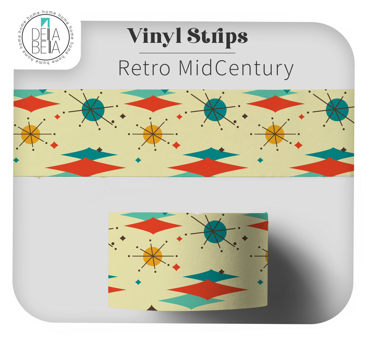 A product display for 'Vinyl Strips' featuring a retro mid-century pattern. The strips have a warm cream background with geometric shapes in red, teal, mustard yellow, and black.