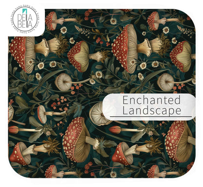 Patterned peel and stick with mushrooms and flowers labeled 'Enchanted Landscape' by Delta Bella.