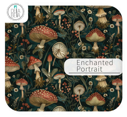 vinyl wrapping for furniture with mushroom and floral design and 'Enchanted Portrait' text.