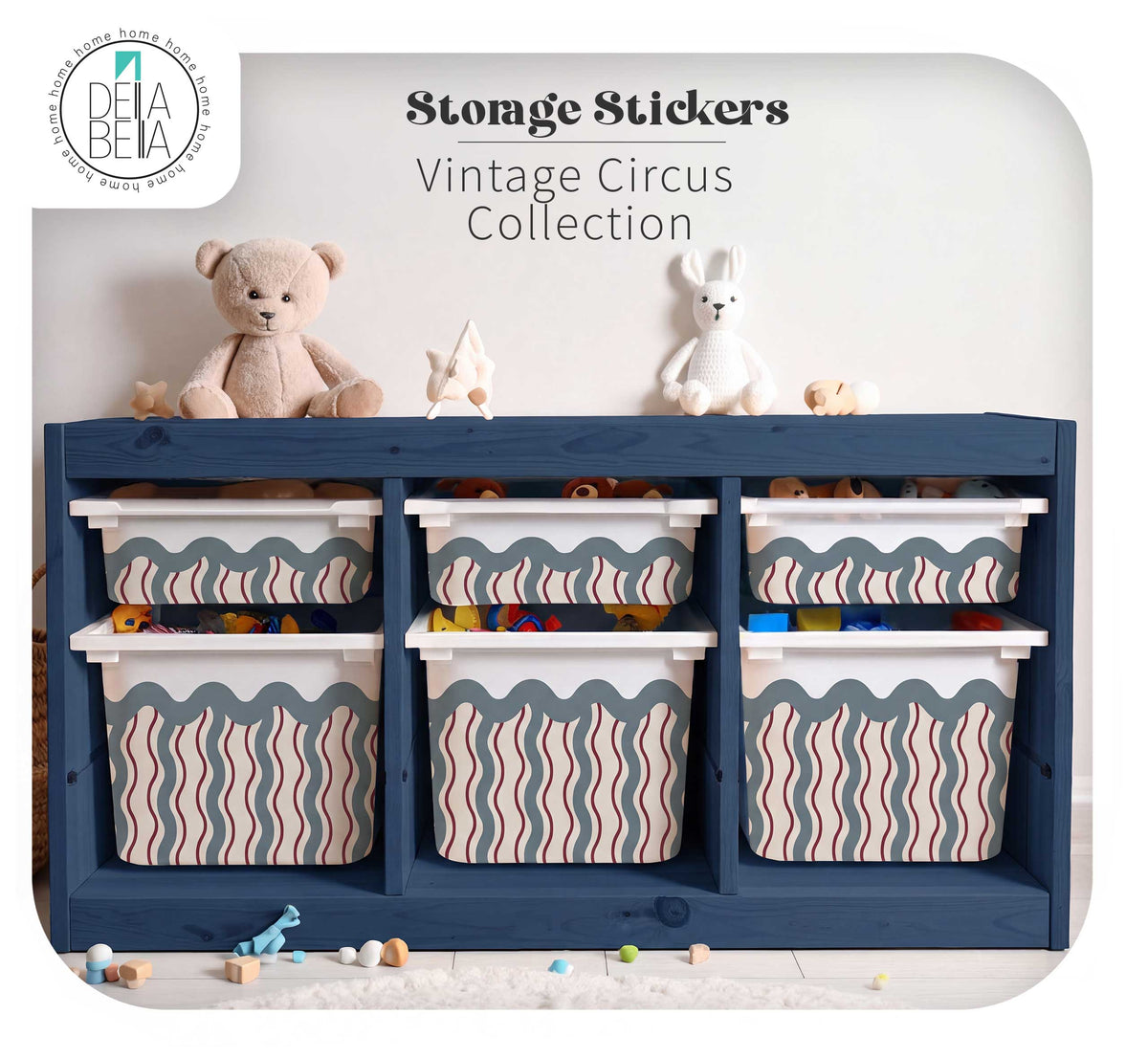 Navy blue IKEA Trofast storage unit decorated with Della Bella Vintage Circus Canopy stickers featuring scalloped borders and wavy stripes in a playroom setting