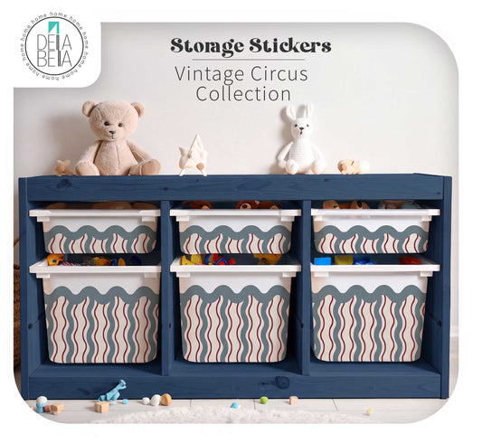Navy blue IKEA Trofast storage unit decorated with Della Bella Vintage Circus Canopy stickers featuring scalloped borders and wavy stripes in a playroom setting