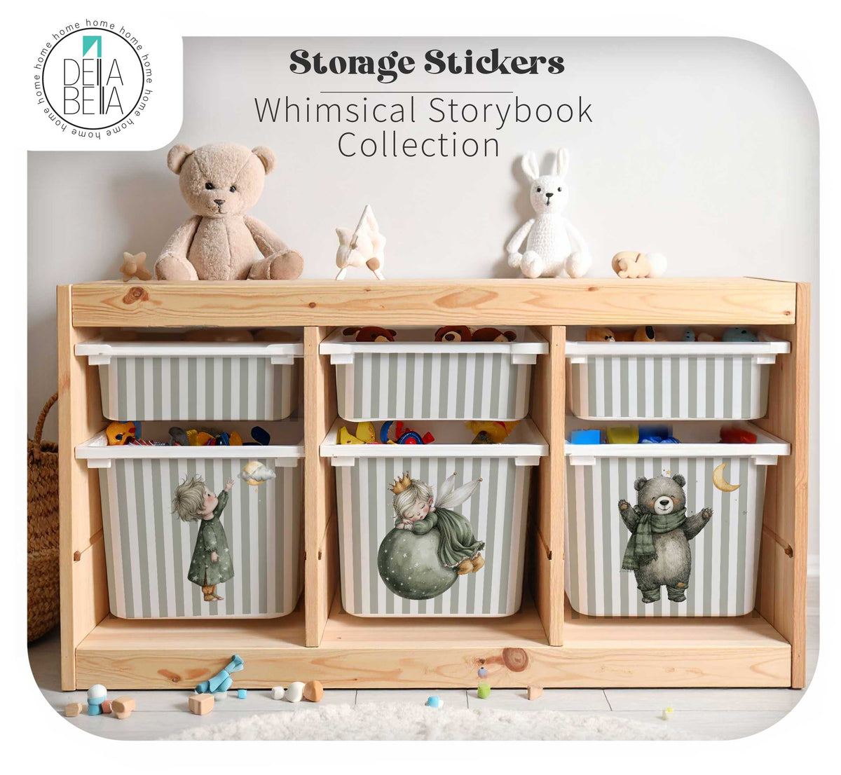 custom name ikea trofast sticker Olive green striped toy storage decals featuring a vintage storybook fairy, child, and bear, compatible with wooden IKEA Trofast units.