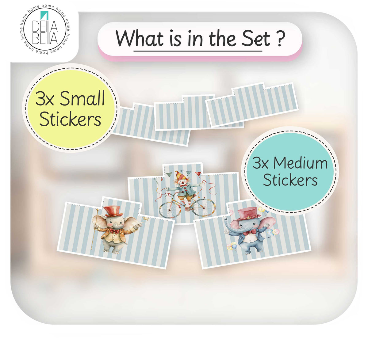 A product information graphic for a sticker set, showing illustrated elephant characters on blue-and-white striped sticker designs. Text labels indicate '3x Small Stickers' in a pale yellow circle and '3x Medium Stickers' in a pale blue circle, with a header reading 'What is in the Set ?'.