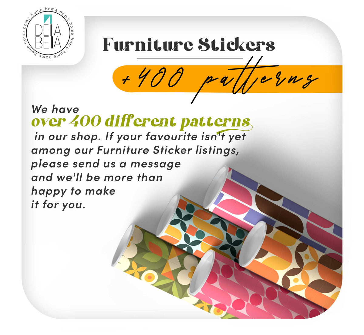 Furniture stickers with colorful patterns and text about available designs on a white background.