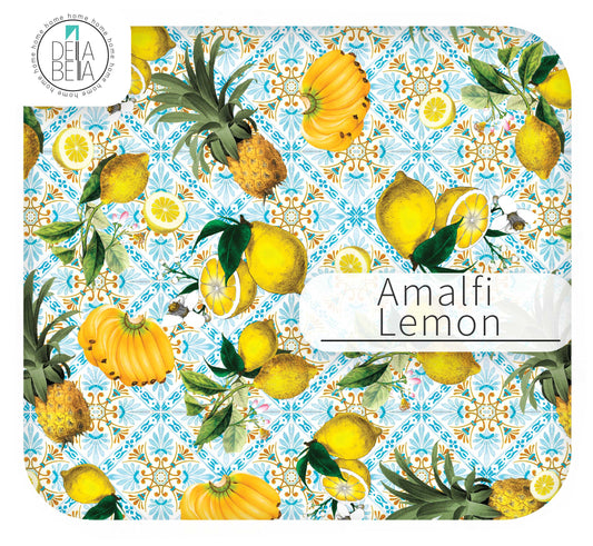 Product packaging with lemons, pineapples, and a decorative pattern labeled 'Amalfi Lemon'.