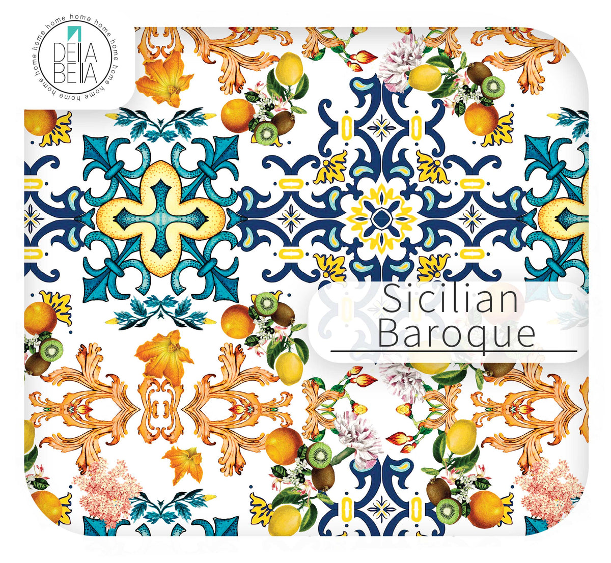 Decorative plate with Sicilian Baroque design featuring floral and fruit patterns.