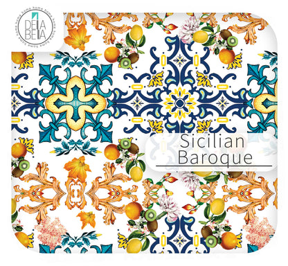 Decorative plate with Sicilian Baroque design featuring floral and fruit patterns.