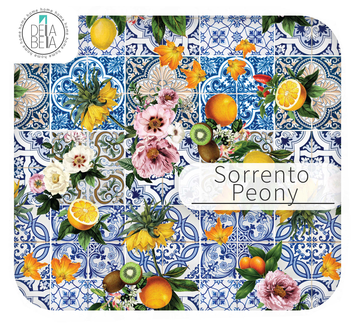 Product packaging with floral, fruit, and tile design labeled 'Sorrento Peony' by Delta Bella.