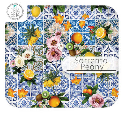 Product packaging with floral, fruit, and tile design labeled 'Sorrento Peony' by Delta Bella.