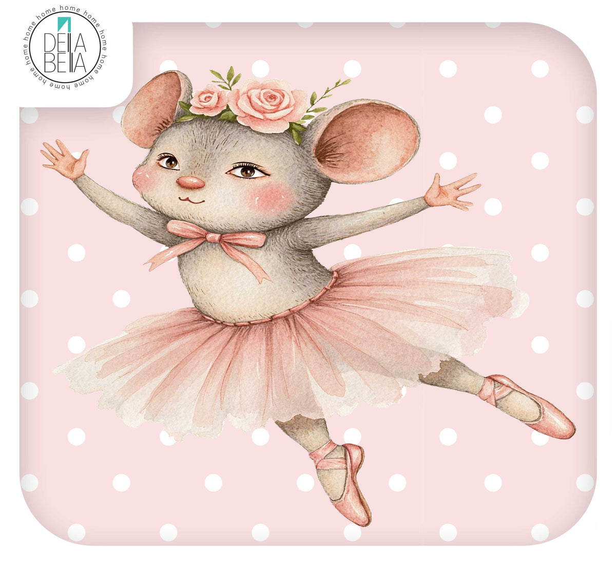 IKEA TROFAST print STICKER featuring a watercolor-style ballerina mouse with pink roses in her ears, a pink tutu, and ballet slippers on a light pink polka-dot background. A circular Della Bella logo appears in the top-left corner.