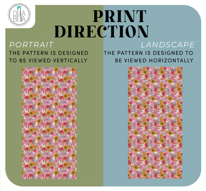 Instructional graphic about print direction with floral furniture sticker pattern examples on green and blue backgrounds.