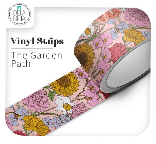 The Garden Path Blush floral peel and stick vinyl strip roll. Premium self-adhesive wall border and door edge sticker in a bold, pink maximalist botanical pattern by Della Bella.