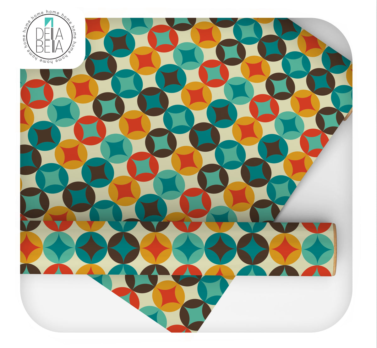 A roll of vinyl wrap with a retro geometric circle pattern in multiple colors, including blue, orange, and red.