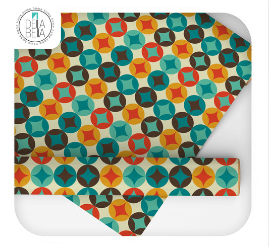 A roll of vinyl wrap with a retro geometric circle pattern in multiple colors, including blue, orange, and red.