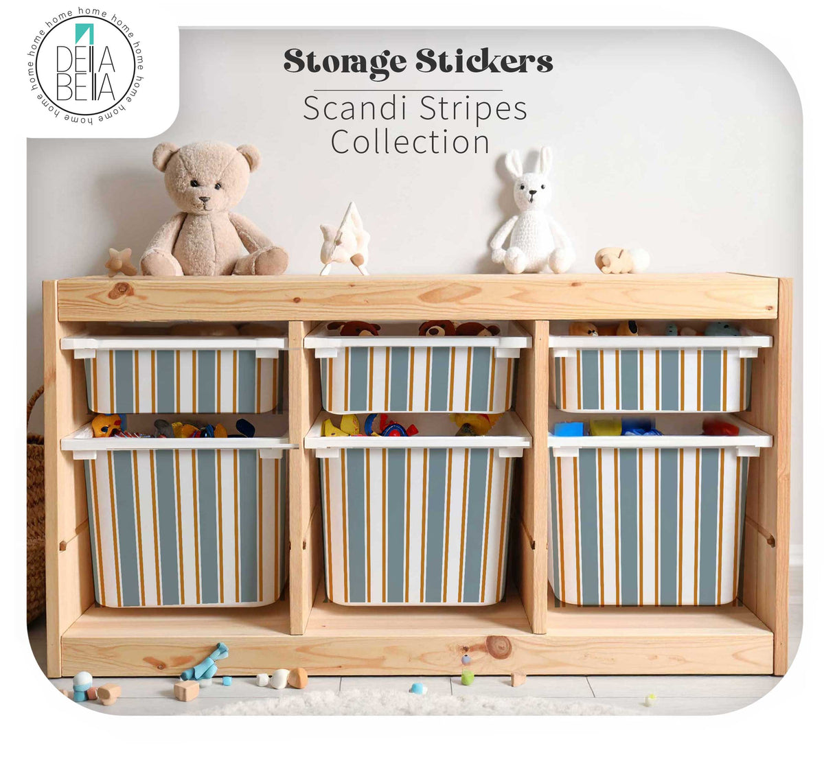 A wooden toy organizer cabinet with six striped fabric storage bins, shown in a styled nursery setting with toys and stuffed animals. The image includes text overlays reading 'Storage Stickers Scandi Stripes Collection' and a brand logo for 'Della Bella'.