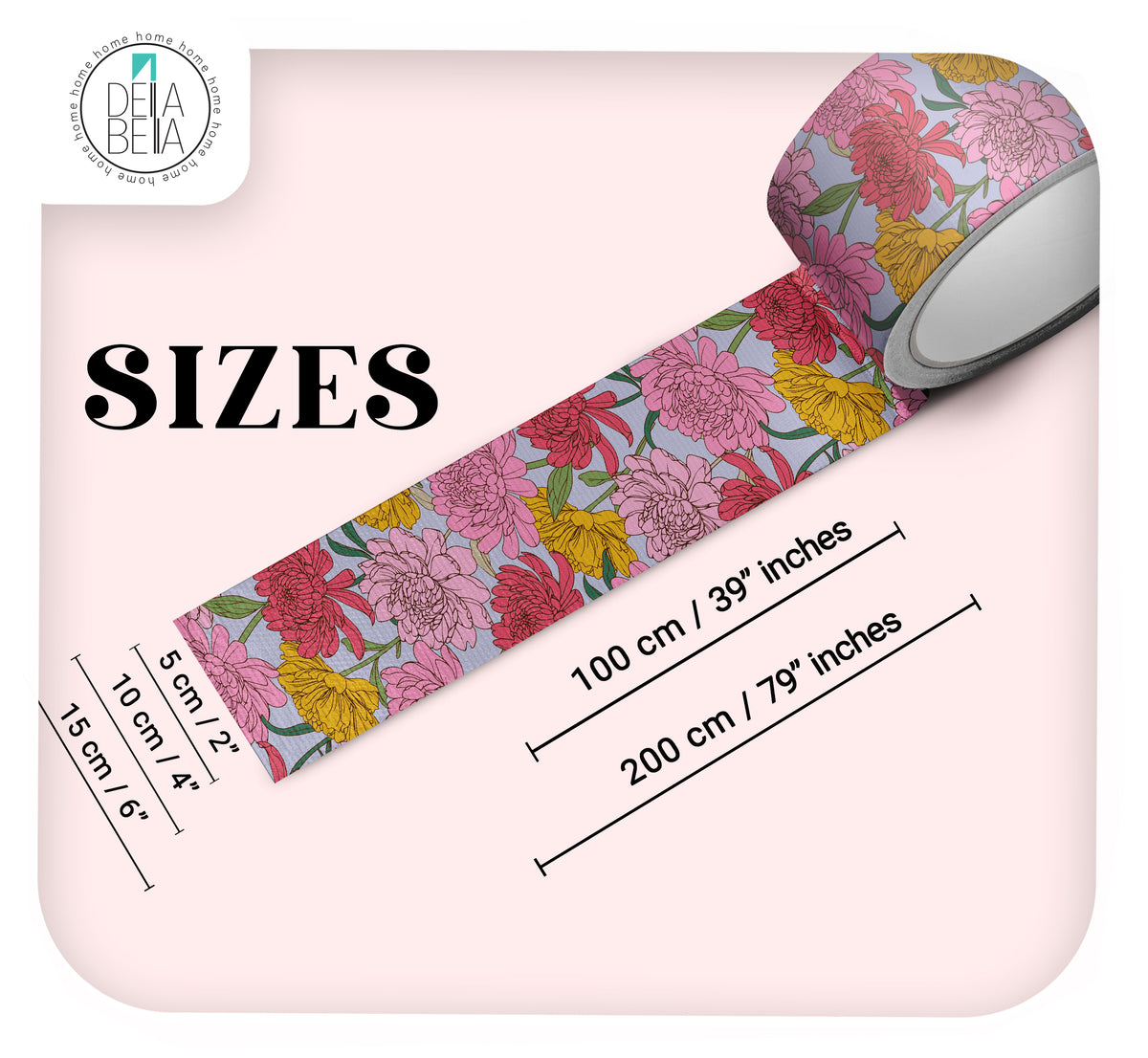 Floral door edge vinyl strips with size markings on a pink background