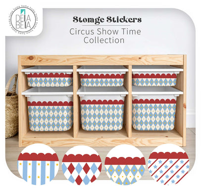 Storage bins with circus-themed labels on a wooden shelf, featuring the Dela Bella brand.