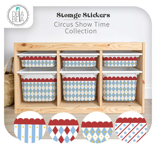 Storage bins with circus-themed labels on a wooden shelf, featuring the Dela Bella brand.