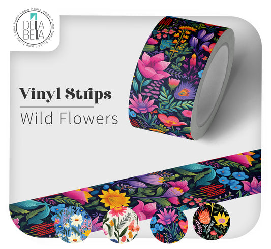 A roll of Della Bella peel and stick vinyl strip in a dark floral botanical pattern. Text reads 'Vinyl Strips Wild Flowers'. Below are four circular swatches showing different vibrant wildflower designs for maximalist home decor.