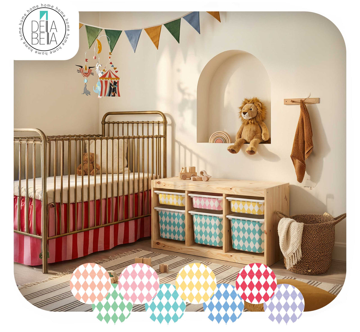 Children's room with a crib, trofast storage unit with stickers, and decorative elements.