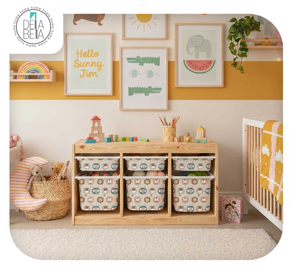 Children's room with ikea trofast stickers, toys, and wall art in a bright and colorful setting.